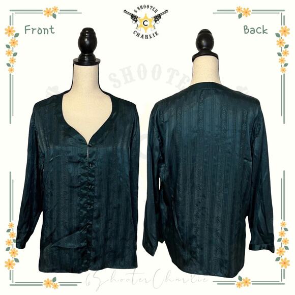 Vintage Victoria Secret Gold Label Pajama Top Small Dark Green Striped Satin - Picture 1 of 6